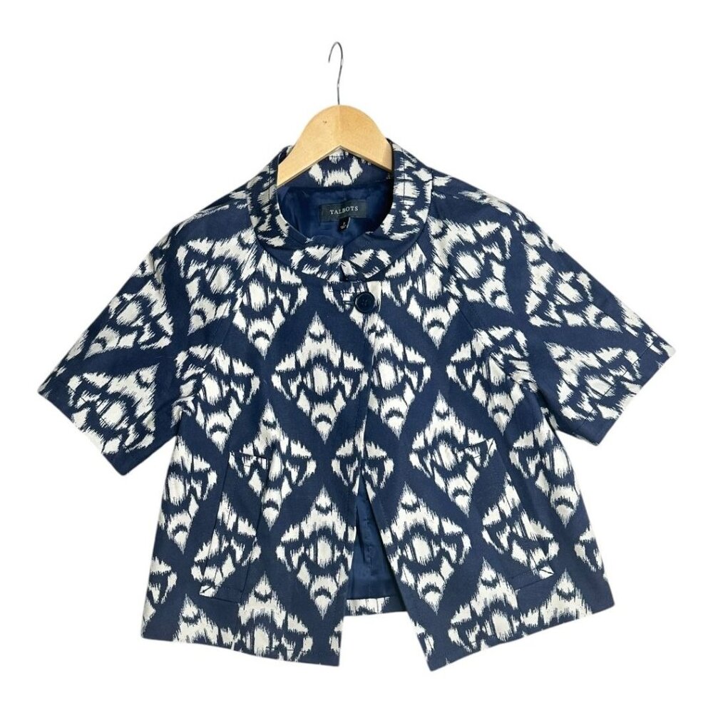 Talbots Crop Short Sleeve Aztec Print‎ Jacket size 2 Blue/Cream